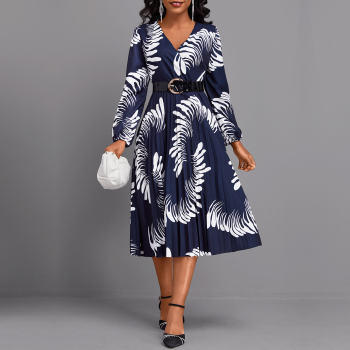 Graffiti Print Pleated Navy Long Sleeve V Neck Dress